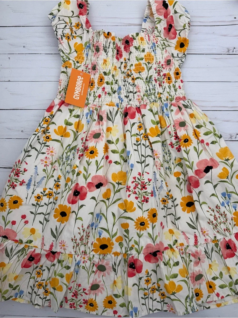 Gymboree Floral Cotton Ruffle-Sleeve Dress in White, Yellow, Pink, Green, Blue